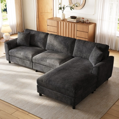Modern L-Shaped Sectional Sofa with Reversible Chaise Lounge, 256L x 137W x 79H cm, Gray