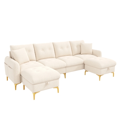 Modern U-Shaped Modular Sleeper Sofa with 2 Storage Ottomans, 263L x 137W x 85H cm, Beige