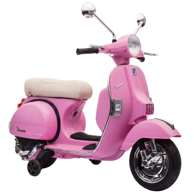 AIYAPLAY Moto Eléctrica Niños 12V Vespa PX150 Ruedas Auxiliares 2 Motores Suspensión Trasera Música Faros 3 km/h 3-6 Años Rosa