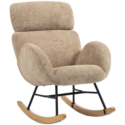 HOMCOM Rocking Chair Velvet Adjustable Headrest Rubberwood Base Brown