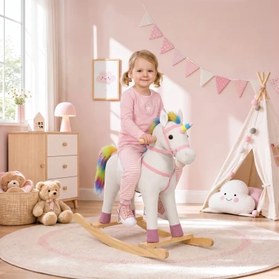 AIYAPLAY Caballito Balancín para Bebés Diseño Unicornio con Sonido Caballo Balancín Base de Madera para Niños 1-3 Años Crema
