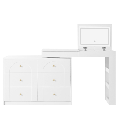 Modern L-Shaped Vanity Desk with 7 Storage Drawers, 200L x 40W x 80H cm, White