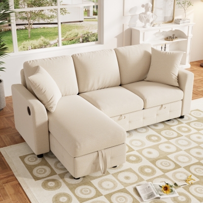 Modern Chenille L-Shaped Sectional Sofa with Reversible Storage Chaise, 200L x 130.5W x 83.5H cm, Beige