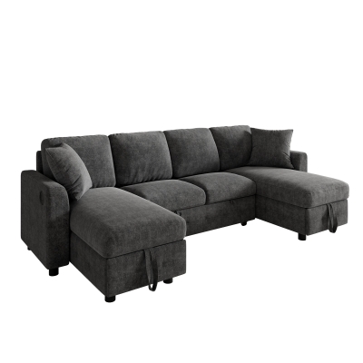 Modern U-Shaped Sectional Sofa with 2 Storage Chaise Lounges, 260L x 128W x 82H cm, Gray