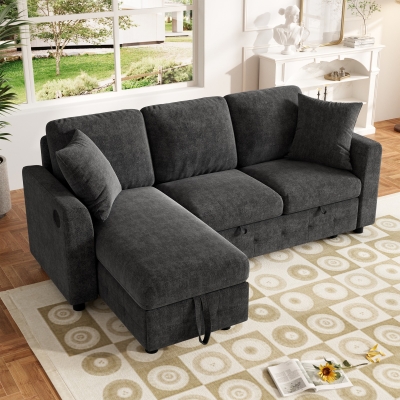 Modern Chenille L-Shaped Sectional Sofa with Storage Chaise Lounge, 200L x 130.5W x 83.5H cm, Gray