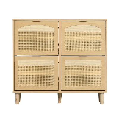 Rattan Narrow Shoe Cabinet with 4 Flip Drawers, 100L x 25W x 90.5H cm, Light Oak