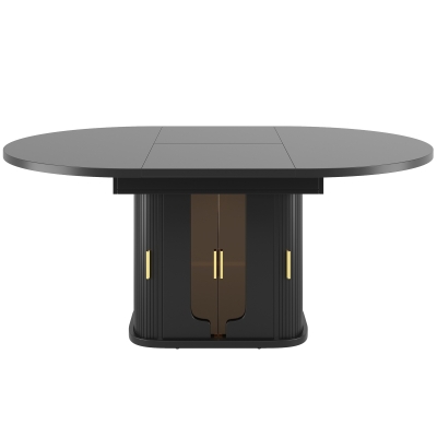 Extendable Dining Table with Glass Doors and Hidden Storage, 120-160L x 118W x 77H cm, Black