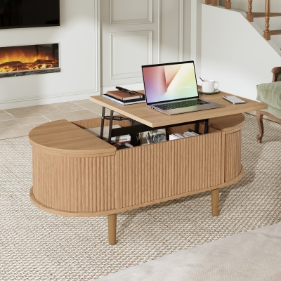 Oval Height-Adjustable Coffee Table with Flip-Top Storage, 100L x 48W x 53.5H cm, Walnut