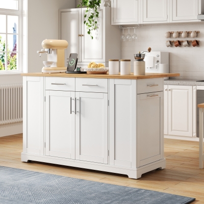 Modern Rolling Kitchen Island Trolley with Woodgrain Worktop, 138L x 86W x 92H cm, White