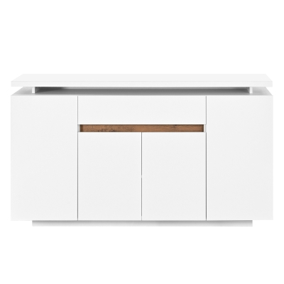 Modern LED Sideboard with 4 Doors and Large Drawer, 140L x 40W x 80H cm, White+Natural