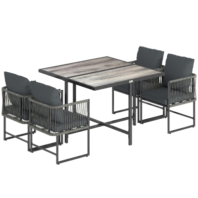 Outsunny Polyrattan Gartenmöbel Set 5-teilig Platzsparend Sitzgruppe Tisch mit 4 Stühlen DPC-Tischplatte Kissen Grau