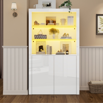 High-Gloss Display Cabinet with Bluetooth-Controlled LED Lighting, 100L x 35W x 170H cm, White