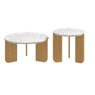 Modern 2-Piece Nesting Coffee Table Set with Patterned Tabletops, 70L x 70W x 35H cm, White+Wood