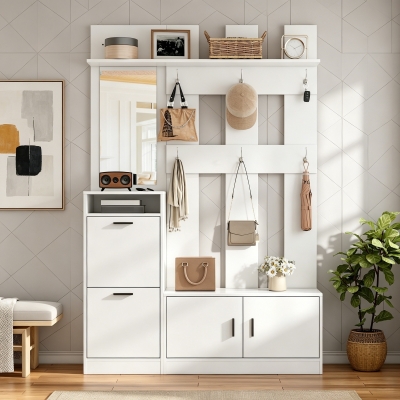Modern Hall Tree with Coat Rack, Mirror and Shoe Bench, 120L x 30W x 180H cm, White