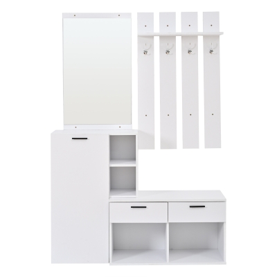 Hallway Storage Unit with Mirror and 4 Hooks, 120L x 35W x 175.5H cm, White