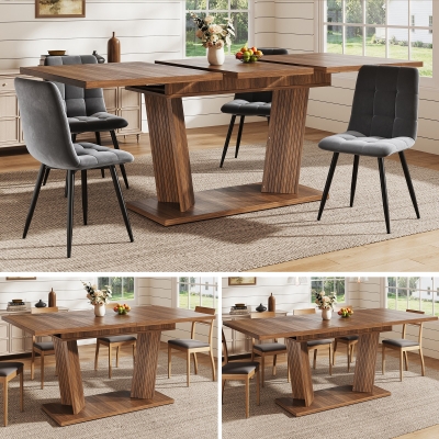 Extendable Dining Table with Double-Column Base, 120-160L x 80W x 76H cm, Dark Brown