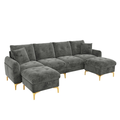 Modern U-Shaped Modular Sleeper Sofa with 2 Storage Ottomans, 263L x 137W x 85H cm, Gray