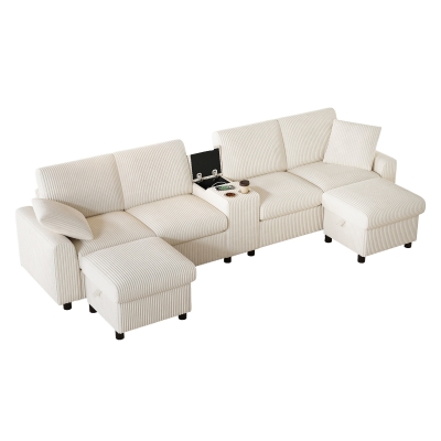 Modern Corduroy U-Shaped Sectional Sofa with 2 Movable Storage Ottomans, 315L x 135W x 81H cm, Beige