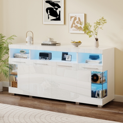 High-Gloss Sideboard with Bluetooth LED Lighting, 140L x 40W x 70H cm, White