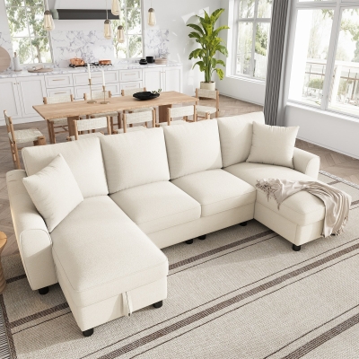 Modern Chenille U-Shaped Sectional Sofa with 2 Storage Chaise Lounges, 272L x 131.5W x 84H cm, Beige