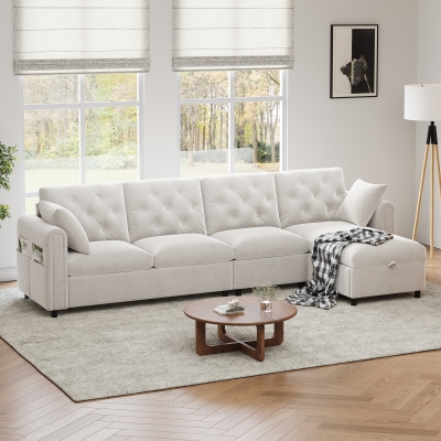 Modern Velvet L-Shaped Sectional Sofa with Storage Chaise and Tufted Back, 281L x 132W x 86H cm, Beige