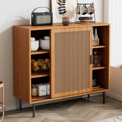 Vintage Wooden Kitchen Sideboard Cabinet with Sliding Barn Doors, 100L x 37W x 90H cm, Walnut