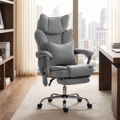 HOMCOM Silla de oficina con función de masaje y calor, hasta 180 kg, ajustable, con aspecto de lino, soporte lumbar, asiento ancho, gris