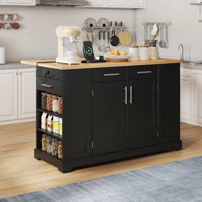 Modern Rolling Kitchen Island Trolley with Woodgrain Worktop, 138L x 86W x 92H cm, Black