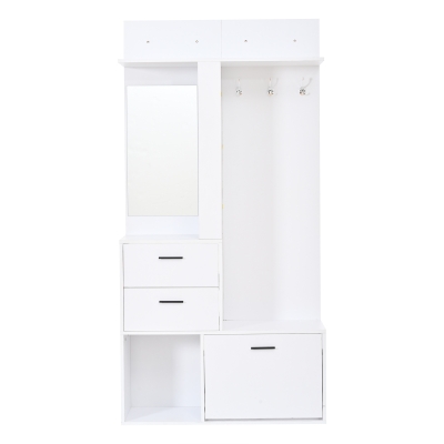 Modern Hall Tree with Mirror and Fold-Out Shoe Rack, 90L x 30W x 180H cm, White