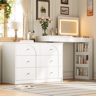 Modern L-Shaped Vanity Desk with 7 Storage Drawers, 200L x 40W x 80H cm, White