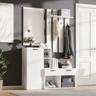 Hallway Storage Unit with Mirror and 4 Hooks, 120L x 35W x 175.5H cm, White