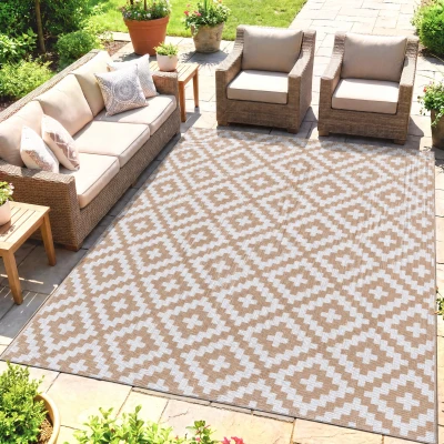 Outsunny Alfombra de Exterior Reversible 182x274 cm con Patrón Geométrico Acabado Impermeable Café y Blanco