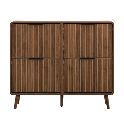 Modern Shoe Cabinet with Double-Tier Flip Doors, 105L x 24W x 90H cm, Walnut