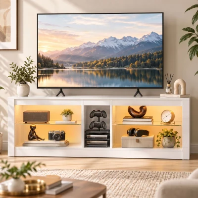 HOMCOM TV Stand Cabinet LED Storage Shelves for 65" White