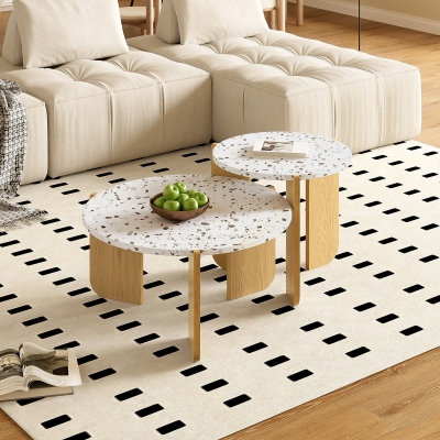 Modern 2-Piece Nesting Coffee Table Set with Patterned Tabletops, 70L x 70W x 35H cm, White+Wood