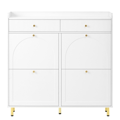 Modern Shoe Cabinet with 4 Flip Doors and 2 Drawers, 106.5L x 25W x 105.5H cm, White