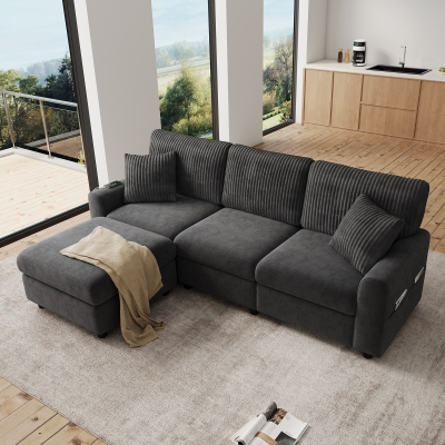 Modern Upholstered Sectional Sofa with USB Type-C Charging Ports, Soft Convertible Couch with 2 square cushions, 223L x 146W x 84H cm, Dark Grey