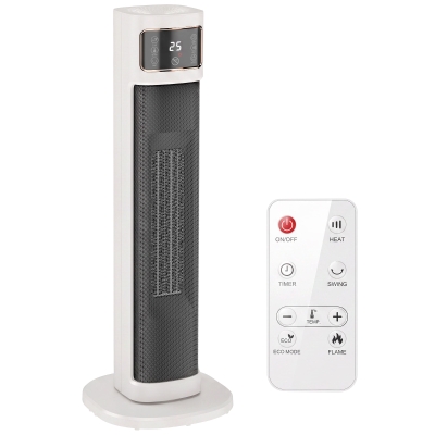 HOMCOM Calefactor Eléctrico de Cerámica con Termostato Regulable, 4 Modos, Panel Táctil, Mando a Distancia, Blanco