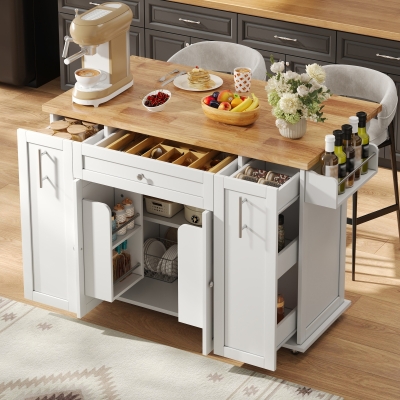 Mobile Kitchen Island with Foldable Countertop, 120L x 70W x 87H cm, White