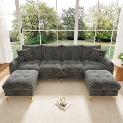Modern U-Shaped Modular Sleeper Sofa with 2 Storage Ottomans, 263L x 137W x 85H cm, Gray