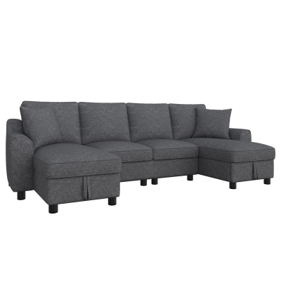 Modern Chenille U-Shaped Sectional Sofa with 2 Storage Chaise Lounges, 272L x 131.5W x 84H cm, Grey