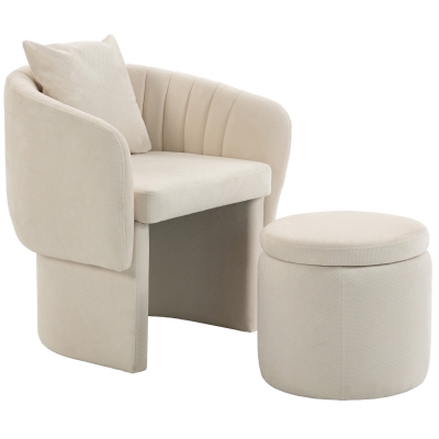 HOMCOM Relaxfauteuil met hocker, loungestoel met gebogen rugleuning, armleuningen, Scandinavische chenille, gestoffeerd, beige