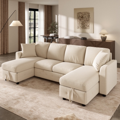 Modern Chenille U-Shaped Sectional Sofa with 2 Storage Chaise Lounges, 260L x 128W x 82H cm, Beige