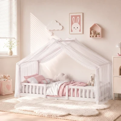 AIYAPLAY Lit Cabane Enfant 90x200cm Maison Barrières Blanc