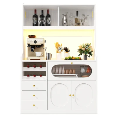 Tall Kitchen Cabinet with App-Controlled RGB LED and Glass Doors, 120L x 40W x 180H cm, White