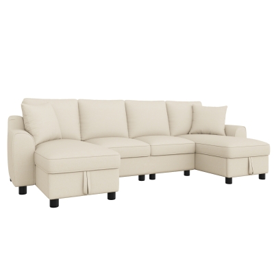 Modern Chenille U-Shaped Sectional Sofa with 2 Storage Chaise Lounges, 272L x 131.5W x 84H cm, Beige