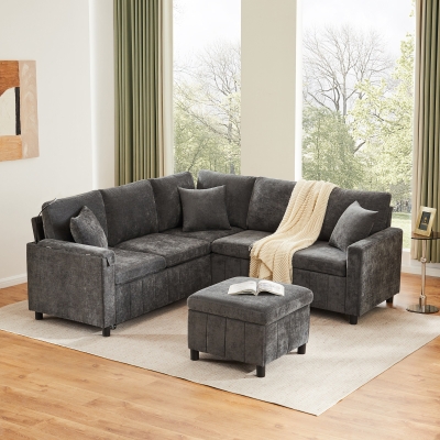 Modern Corner Sofa Bed with Reading Lamp and Fold-Out Cup Holder Table, 205L x 205W x 85H cm, Grey