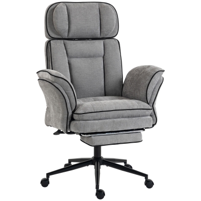HOMCOM Silla de Escritorio con Reposapiés Reposabrazos Abatibles Respaldo Alto y Reclinable 145° Reposacabezas Ajustable Gris