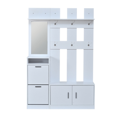 Modern Hall Tree with Coat Rack, Mirror and Shoe Bench, 120L x 30W x 180H cm, White