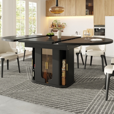 Extendable Dining Table with Glass Doors and Hidden Storage, 120-160L x 118W x 77H cm, Black